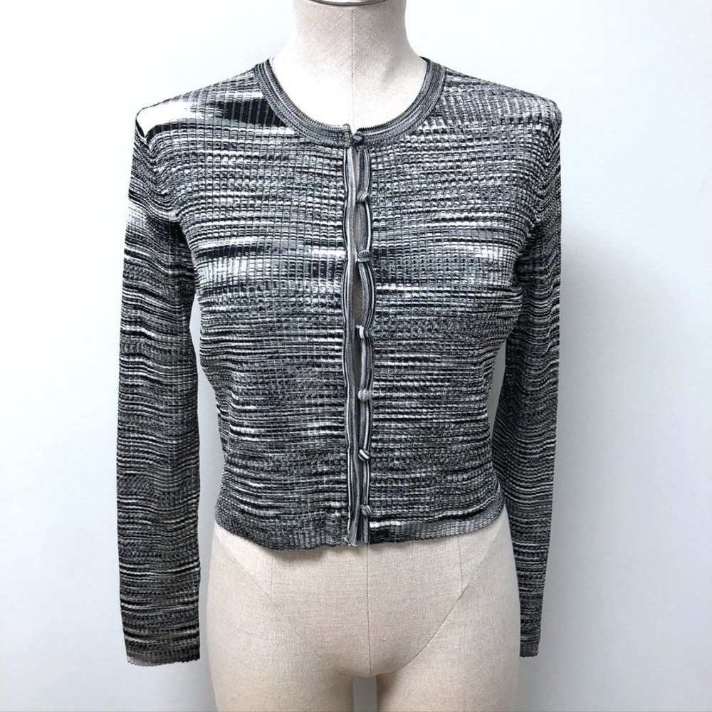 Ramy Brook Cardigan Womens Medium M Black White Space Dye Cropped‎ Knit Sweater
